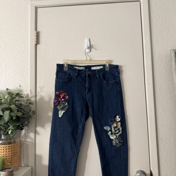 ☀️ PILCRO & THE LETTERPRESS Sequin Patch Embellished Boyfriend Jeans Dark Wash - Picture 6 of 9